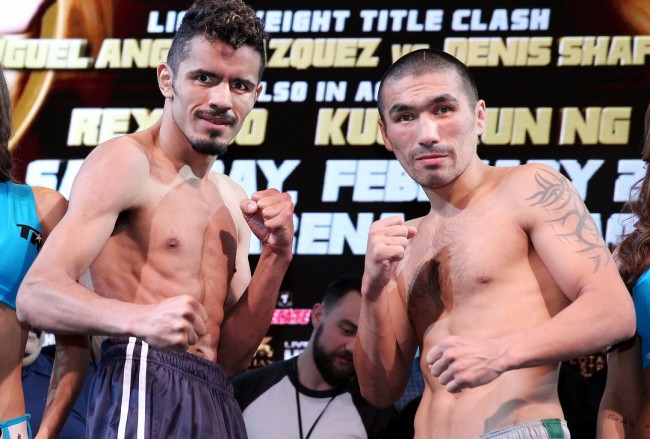 Feb. 21, 2014, Macau, China ---  "RING OF GOLD"  --- (L-R)   IBF Lightweight champion Miguel Angel Vazquez  of Mexico and undefeated Denis Shafikov of Russia weigh in (both fighters were 134.8 lbs)  Friday at The Venetian Macao Resort for their upcoming championship fight on Saturday, February 22 from the Cotai Arena at The Venetian Macao Resort in Macau,China.         Promoted by Top Rank®, in association with Tecate,  "Ring of Gold - Shiming vs. Kokietgym" will be televised Saturday, Feb. 22, beginning at 5:00 p.m. ET/PT on HBO 2.     --- Photo Credit : Chris Farina - Top Rank (no other credit allowed) copyright 2014